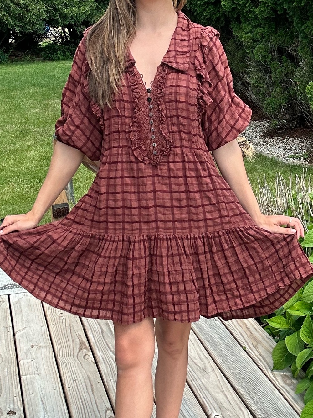 Free People Rust Plaid Ruffled Tiered Mini Dress - Size XS